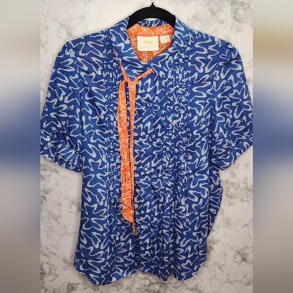 Maeve by Anthropologie womens 8P blue and orange button down blouse.